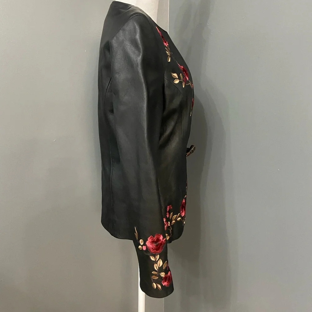 BELLE SPORT Womens Black Leather Jacket Blazer Floral Embroidery Throughout S - Picture 4 of 17